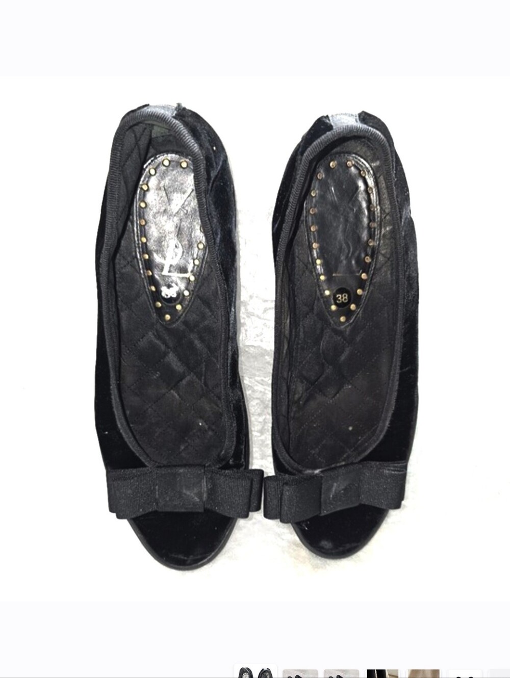 Vintage YSL black velvet slip-on ballet Bow flats rounded toe Size 38 USA 7.5 - Picture 5 of 10